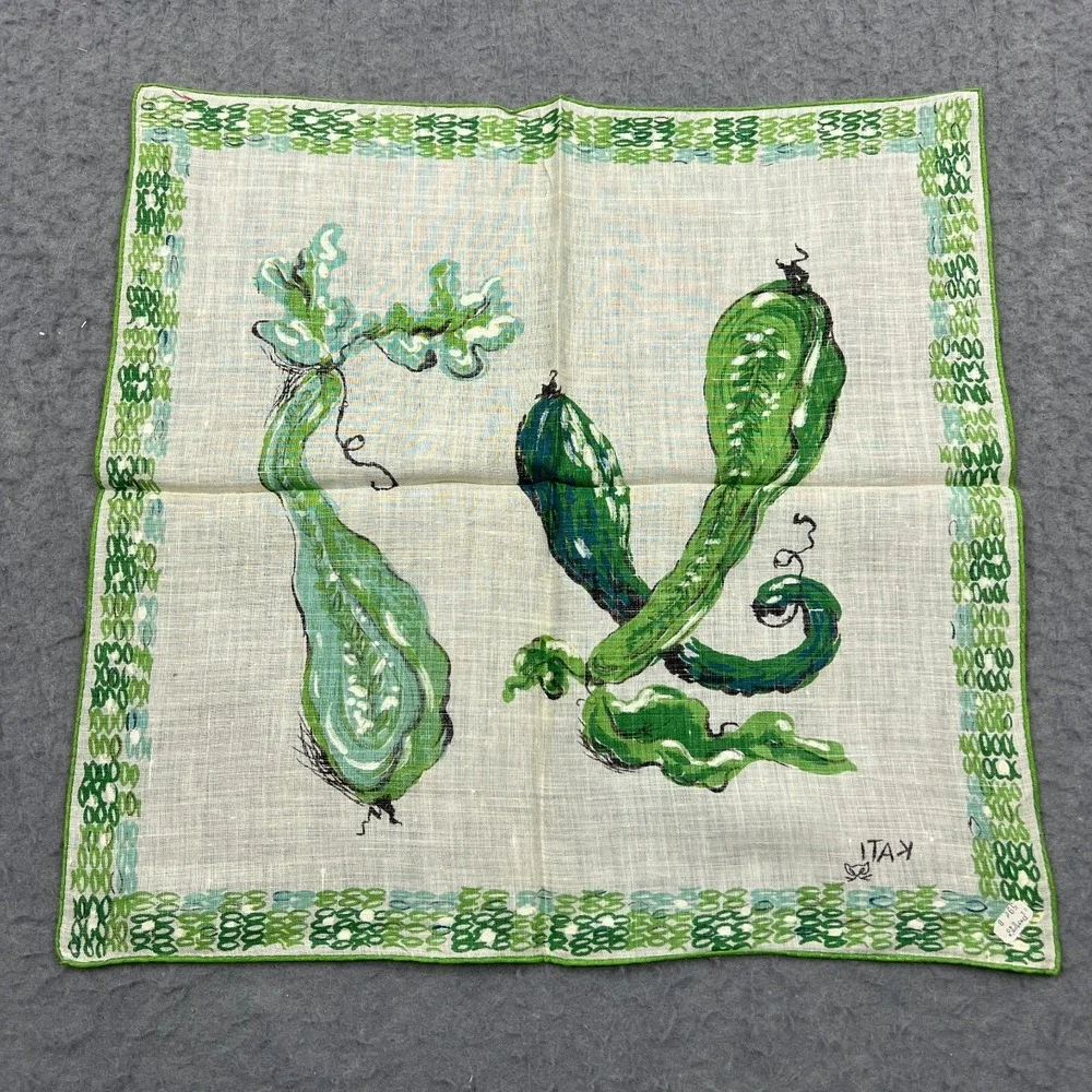 VTG  Handkerchief Kati‎ Vegetable Zucchini Gourd Green Linen Art 14.5